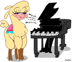 Size: 949x813 | Tagged: safe, artist:malachimoet, paprika (tfh), alpaca, them's fightin' herds, :p, cloven hooves, community related, derp, eating, false piano, female, musical instrument, piano, simple background, solo, tongue out, white background