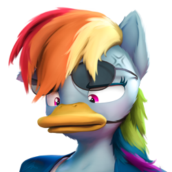Size: 2000x2000 | Tagged: safe, artist:imafutureguitarhero, rainbow dash, bird, duck, pegasus, anthro, g4, 3d, aviator sunglasses, bust, cheek fluff, chest fluff, clothes, colored eyebrows, colored eyelashes, cross-popping veins, duck bill, ear fluff, emanata, female, floppy ears, fluffy, fluffy hair, fluffy mane, funny, fur, glasses, glasses off, high res, jacket, literal duck face, mare, multicolored hair, multicolored mane, neck fluff, one ear down, paintover, rainbow dash is not amused, rainbow duck, revamped anthros, revamped ponies, simple background, solo, source filmmaker, sunglasses, tank top, transparent background, unamused