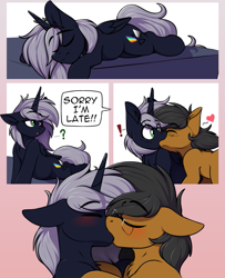 Size: 875x1080 | Tagged: safe, artist:notetaker, oc, oc:notetaker, oc:quantum flash, alicorn, earth pony, pony, blushing, comic, glasses, kiss on the lips, kissing, short comic, simple background, sleeping