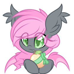 Size: 1024x1021 | Tagged: safe, artist:starlightlore, oc, oc only, oc:heartbeat, bat pony, pony, cute, female, filly, foal, food, herbivore, mango, ribbon, simple background, solo, transparent background