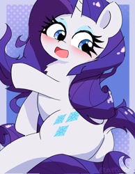 Size: 1590x2048 | Tagged: safe, artist:leo19969525, rarity, pony, unicorn, g4, blushing, butt, cute, dock, ears, ears up, female, hair, horn, mane, mare, open mouth, plot, purple hair, purple tail, raribetes, rearity, solo, tail