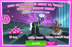 Size: 1960x1302 | Tagged: safe, gameloft, rolling thunder, pegasus, pony, g4, my little pony: magic princess, advertisement, clothes, costs real money, english, female, folded wings, gem, introduction card, mare, mobile game, numbers, sale, scar, solo, staff, text, the washouts, uniform, washouts uniform, wings