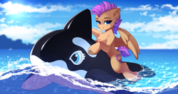 Size: 2096x1105 | Tagged: safe, artist:airiniblock, oc, oc only, oc:bulwark, orca, pegasus, pony, rcf community, cloud, countershading, inflatable, inflatable toy, inflatable whale, male, ocean, pegasus oc, pool toy, sky, stallion, sun, water, wings