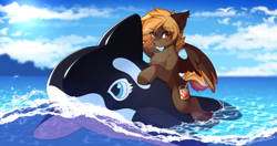 Size: 2096x1105 | Tagged: safe, alternate character, alternate version, artist:airiniblock, oc, oc only, oc:longshot, orca, pegasus, pony, rcf community, cloud, countershading, inflatable, inflatable toy, inflatable whale, male, ocean, pegasus oc, pool toy, sky, stallion, sun, water, wings