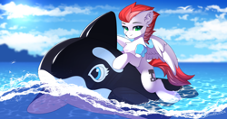 Size: 2096x1105 | Tagged: safe, alternate character, alternate version, artist:airiniblock, oc, oc only, oc:swift apex, orca, pegasus, pony, rcf community, black and white inflatable whale, black inflatable whale, countershading, inflatable, inflatable toy, inflatable whale, intex, male, ocean, pegasus oc, pool toy, sky, stallion, sun, water, wings
