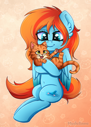 Size: 2000x2795 | Tagged: safe, artist:madelinne, oc, oc only, oc:sea feather, cat, pegasus, pony, belly, belly button, carrying, freckles, high res, partially open wings, solo, wings