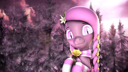 Size: 7680x4320 | Tagged: safe, artist:lagmanor, oc, oc only, oc:wintergleam, bat pony, pony, 3d, absurd file size, absurd resolution, bat ears, bat eyes, blurry background, blushing, braid, clothes, evening, flower, flower in hair, forest, glowing, glowing eyes, holding, holding hooves, lens flare, lily (flower), looking at you, pine tree, pink eyes, pink hair, revamped ponies, rose, scarf, smiling, smiling at you, snow, snowfall, socks, solo, source filmmaker, striped scarf, striped socks, sunlight, tree, winter