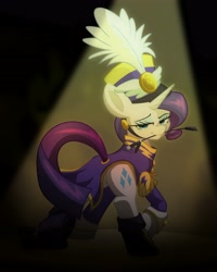 Size: 3162x3957 | Tagged: safe, artist:geraritydevillefort, rarity, pony, unicorn, g4, ancient wonderbolts uniform, bedroom eyes, butt, clothes, female, hat, high res, looking at you, mouth hold, plot, rearity, sgt. rarity, solo, uniform, whip