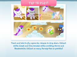 Size: 2048x1536 | Tagged: safe, gameloft, nightshade, princess celestia, alicorn, earth pony, parasprite, pegasus, pony, g4, my little pony: magic princess, aviator goggles, clear the skies, clothes, cloud, cloudy, comic, costume, crown, english, female, flying, goggles, horn, jewelry, magic, mare, mobile game, race swap, regalia, shadowbolts, shadowbolts costume, shadowbolts uniform, spread wings, sun, text, timer, tutorial, unnamed character, unnamed pony, wings