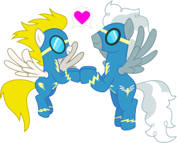 Size: 3694x3000 | Tagged: safe, artist:cloudy glow, edit, silver lining, silver zoom, surprise (g4), pegasus, pony, g4, clothes, crack shipping, duo, female, heart, high res, male, shipping, silversurprise, simple background, speech bubble, stallion, straight, touching hooves, transparent background, uniform, vector, wonderbolts uniform