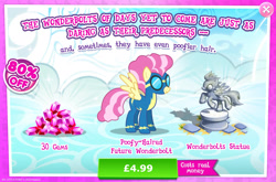 Size: 1959x1295 | Tagged: safe, gameloft, candy cloud, swift vanilla, pegasus, pony, g4, my little pony: magic princess, advertisement, aviator goggles, clothes, costs real money, english, female, gem, goggles, introduction card, mare, mobile game, numbers, office, sale, solo, spread wings, statue, text, uniform, wings, wonderbolts, wonderbolts uniform
