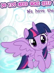 Size: 725x975 | Tagged: safe, gameloft, twilight sparkle, alicorn, pony, g4, my little pony: magic princess, cropped, english, female, flying, horn, looking at you, mare, meme, mobile game, solo, spread wings, text, twilight sparkle (alicorn), wings, wow! glimmer
