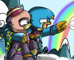 Size: 2402x1944 | Tagged: safe, artist:beesmeliss, gallus, grampa gruff, griffon, g4, chibi, rainbow