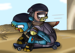 Size: 2122x1506 | Tagged: safe, artist:beesmeliss, gallus, grampa gruff, griffon, g4, chibi, helmet, skateboard