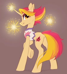 Size: 972x1079 | Tagged: safe, artist:melodylibris, fire flare, pony, unicorn, g4, brown background, butt, clothed ponies, clothes, colored, concave belly, featured image, featureless crotch, female, fireworks, leotard, lighting, looking at you, looking back, looking back at you, mare, plot, quadrupedal, raised hoof, sexy, simple background, slender, smiling, smirk, solo, standing, thin, three quarter view, underhoof