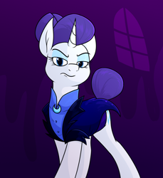 Size: 1206x1319 | Tagged: safe, artist:moonatik, rarity, pony, unicorn, g4, abstract background, alternate hairstyle, alternate timeline, clothes, eyeshadow, female, hair bun, looking at you, makeup, mare, night maid rarity, nightmare takeover timeline, shirt, solo, tail, tail bun