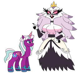 Size: 2408x2275 | Tagged: safe, artist:supahdonarudo, opaline arcana, alicorn, bird, demon, peacock, pony, anthro, g5, anthro with ponies, bird demon, bracelet, colored wings, crossover, crown, duo, duo female, eyebrows, eyeshadow, female, folded wings, gradient wings, hand on hip, hellaverse, hellborn, helluva boss, high res, jewelry, makeup, mare, open mouth, open smile, peacock demon, regalia, simple background, smiling, stella (helluva boss), transparent background, unshorn fetlocks, wings