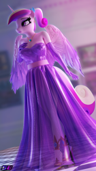 Size: 2160x3840 | Tagged: safe, artist:shadowboltsfm, princess cadance, alicorn, anthro, plantigrade anthro, 3d, 4k, beautiful, beautisexy, blender, breasts, clothes, dress, eyelashes, eyeshadow, female, gloves, hand on breasts, high heels, high res, jewelry, long gloves, makeup, necklace, not sfm, ponytail, shoes, smiling, solo, wings