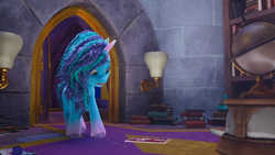 Size: 1920x1080 | Tagged: safe, screencap, misty brightdawn, pony, unicorn, g5, my little pony: make your mark, my little pony: make your mark chapter 2, portrait of a princess, spoiler:my little pony: make your mark, spoiler:my little pony: make your mark chapter 2, spoiler:mymc02e03, 3d, book, bookshelf, brick wall, carpet, castle, coat markings, curly mane, depth of field, door, doorway, female, globe, gradient hooves, gradient horn, hooves, horn, indoors, lamp, library, long mane, looking at something, mare, opaline's dark castle, open door, open mouth, palindrome get, picture, pile of books, socks (coat markings), solo, standing, stone brick, unshorn fetlocks