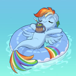 Size: 750x750 | Tagged: safe, artist:gor1ck, rainbow dash, pegasus, pony, seapony (g4), g4, advertisement, belly, chillaxing, cider, commission, digital art, dorsal fin, eyes closed, female, inflatable, mare, mug, scales, seaponified, seapony rainbow dash, smiling, solo, species swap, spread wings, straw, tail, water, wings, ych example, your character here