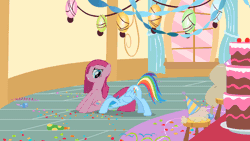 Size: 1920x1080 | Tagged: safe, screencap, madame leflour, pinkie pie, rainbow dash, sir lintsalot, earth pony, pegasus, pony, party of one, season 1, animated, duo, duo female, female, folded wings, frown, gif, loop, mare, perfect loop, pinkamena diane pie, sitting, sitting on head, sitting on person, sitting on pony, stuck, teeth, what were they thinking, wings, you know for kids
