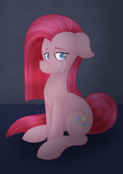 Size: 1763x2507 | Tagged: safe, artist:vivi's corner, pinkie pie, earth pony, pony, g4, colored eyebrows, crying, ears back, frown, gray background, pinkamena diane pie, sad, simple background, sitting, solo