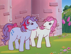 Size: 960x720 | Tagged: safe, screencap, sparkler (g1), sundance, earth pony, pony, unicorn, g1, my little pony 'n friends, my little pony: escape from catrina, bow, duo, female, mare, tail, tail bow