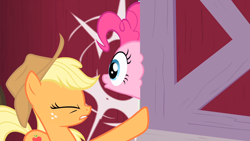 Size: 1920x1080 | Tagged: safe, screencap, applejack, pinkie pie, earth pony, pony, g4, party of one, season 1, abuse, barn, door, duo, duo female, eye bulging, female, mare, pinkiebuse, shocked, shocked expression, sweet apple acres barn, violence, wide eyes