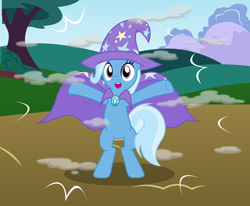 Size: 2410x1985 | Tagged: safe, artist:badumsquish, derpibooru exclusive, trixie, pony, unicorn, bipedal, cape, clothes, female, field, happy, hat, looking at you, mare, open mouth, outstretched arms, poof, rearing, show accurate, smoke, solo, standing, teleportation, trixie's brooch, trixie's cape, trixie's hat, wide eyes
