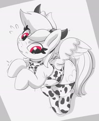 Size: 2030x2491 | Tagged: safe, artist:pabbley, rainbow dash, pegasus, pony, g4, animal costume, blushing, costume, cow costume, cow horns, cowprint, cute, dashabetes, emanata, female, grayscale, high res, horns, mare, monochrome, partial color, plewds, rainbovine dash, rainbow dash always dresses in style, solo, sweat, sweatdrops