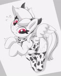 Size: 2030x2491 | Tagged: safe, artist:pabbley, rainbow dash, pegasus, pony, animal costume, blushing, costume, cow costume, cow horns, cowprint, cute, dashabetes, emanata, female, grayscale, high res, horns, mare, monochrome, partial color, plewds, rainbovine dash, rainbow dash always dresses in style, solo, sweat, sweatdrops