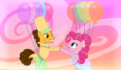 Size: 1024x600 | Tagged: safe, artist:velveagicsentryyt, cheese sandwich, pinkie pie, pony, g4, balloon, clothes, dress, female, floating, male, ship:cheesepie, shipping, straight, suit, then watch her balloons lift her up to the sky