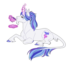 Size: 2000x1700 | Tagged: safe, artist:uunicornicc, oc, oc only, pony, cloven hooves, cup, curved horn, horn, lying down, magic, male, prone, simple background, solo, stallion, sternocleidomastoid, teacup, transparent background
