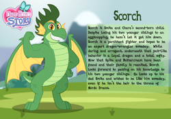 Size: 3014x2102 | Tagged: safe, artist:aleximusprime, oc, oc:scorch the dragon, dragon, flurry heart's story, bio, dragon oc, flexing, high res, muscles, non-pony oc, spike's brother, spike's family, story included, strong