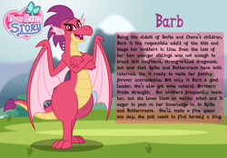 Size: 3014x2102 | Tagged: safe, artist:aleximusprime, oc, oc:barb the dragon, dragon, flurry heart's story, bio, crossed arms, dragon oc, dragoness, female, high res, non-pony oc, spike's family, spike's sister, story included