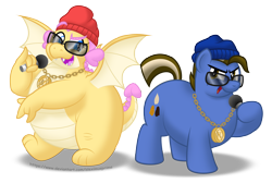 Size: 5167x3476 | Tagged: safe, artist:aleximusprime, oc, oc only, oc:buttercream the dragon, oc:fudge cookie, dragon, beanie, chubby, commission, dragon oc, dragoness, fat, female, freckles, hat, medallion, microphone, non-pony oc, rapper, rapping, simple background, spread wings, sunglasses, transparent background, wings