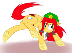 Size: 702x520 | Tagged: safe, artist:cybermananon, earth pony, pony, bandage, butt, female, hat, hong meiling, mare, plot, ponified, simple background, solo, touhou, transparent background