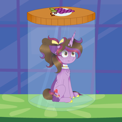 Size: 1300x1300 | Tagged: safe, artist:kathepart, oc, oc only, oc:kathepaint, pony, unicorn, bow, chest fluff, collar, freckles, hair bow, hair bun, jar, pony in a bottle, sitting, solo, surprised, table