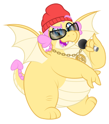 Size: 2867x3259 | Tagged: safe, artist:aleximusprime, oc, oc only, oc:buttercream the dragon, dragon, flurry heart's story, beanie, chubby, cute, dragon oc, dragoness, fat, female, hat, high res, medallion, microphone, non-pony oc, rapper, rapping, simple background, solo, sunglasses, transparent background