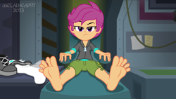 Size: 8000x4500 | Tagged: safe, alternate version, artist:metalhead97, scootaloo, human, equestria girls, equestria girls series, annoyed, barefoot, chair, clothes, feet, female, fetish, foot fetish, foot focus, indoors, laboratory, looking at you, reclining, scootaloo is not amused, shoes, short hair, sitting, teeth, unamused, worried
