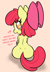 Size: 1668x2388 | Tagged: safe, artist:steelsoul, apple bloom, earth pony, pony, g4, apple bloom's bow, bloom butt, bow, butt, dialogue, dimples of venus, female, filly, foal, hair bow, looking at you, looking back, looking back at you, plot, redraw, simple background, sitting, solo, text, unshorn fetlocks
