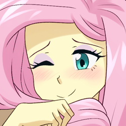 Size: 500x500 | Tagged: safe, artist:riouku, fluttershy, human, equestria girls, g4, blushing, commission, cropped porn, cute, eyeshadow, female, makeup, one eye closed, shyabetes, smiling, solo