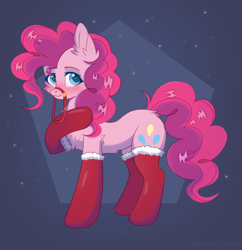 Size: 1744x1798 | Tagged: safe, artist:belkaart0w0, pinkie pie, earth pony, pony, g4, blushing, bridle, chest fluff, clothes, cute, diapinkes, ear fluff, female, mare, raised hoof, reins, socks, solo, stockings, tack, thigh highs