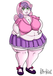 Size: 800x1131 | Tagged: safe, artist:professordoctorc, sweetie belle, human, equestria girls, g4, bbw, belly, big belly, big breasts, breasts, busty sweetie belle, cleavage, clothes, fat, mary janes, midriff, obese, older, older sweetie belle, shoes, simple background, skirt, solo, stockings, sweetie belly, thigh highs, white background, zettai ryouiki