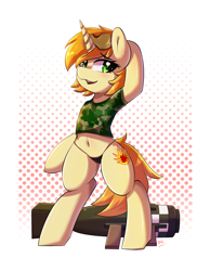 Size: 1400x1800 | Tagged: safe, artist:tikrs007, oc, oc only, oc:high impact, pony, unicorn, bipedal, clothes, female, goggles, looking at you, panties, rocket launcher, solo, team fortress 2, thong, underwear, weapon
