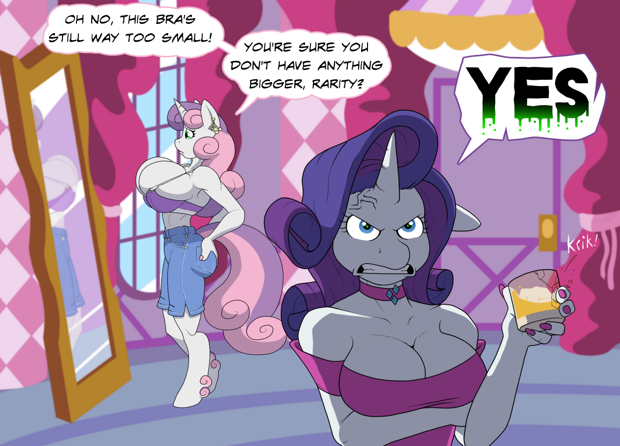 3033508 - suggestive, artist:ennbee, rarity, sweetie belle, unicorn,  anthro, unguligrade anthro, g4, angry, bare shoulders, big breasts, bra,  breast envy, breast size difference, breasts, busty rarity, busty sweetie  belle, butt grab, butt