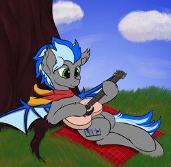 Size: 3720x3632 | Tagged: safe, alternate version, artist:aquamuro, oc, oc:alex batovsky, bat pony, pony, bat pony oc, bat wings, clothes, commission, ear fluff, fluffy, guitar, high res, lying down, musical instrument, on back, picnic blanket, playing guitar, scarf, signature, sketch, smiling, spring, tree, two toned mane, wings