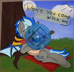 Size: 2794x2725 | Tagged: safe, alternate version, artist:aquamuro, oc, oc:alex batovsky, bat pony, pony, bat pony oc, bat wings, clothes, commission, ear fluff, fluffy, guitar, high res, lying down, musical instrument, on back, picnic blanket, playing guitar, record, scarf, signature, sketch, smiling, spring, tree, two toned mane, vinyl, wings