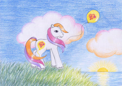 Size: 1062x752 | Tagged: safe, artist:normaleeinsane, light heart, earth pony, pony, g2, balloon, cute, female, lightheartbetes, mare, outdoors, solo, traditional art, unshorn fetlocks
