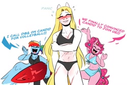 Size: 1081x721 | Tagged: safe, artist:redxbacon, pinkie pie, rainbow dash, oc, oc:candid, earth pony, horse, pegasus, anthro, arrow, belly button, bikini, blonde mane, blushing, breasts, busty pinkie pie, candy, clothes, dialogue, facial markings, facial scar, food, happy, ponytail, scar, simple background, speech, surfboard, sweat, sweatdrop, swimsuit, talking, text, white background, yelling